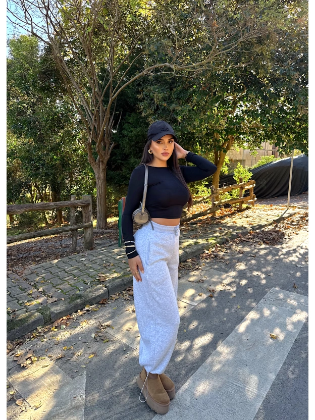 Gri Şardonlu Barrel Fit Eşofman Altı