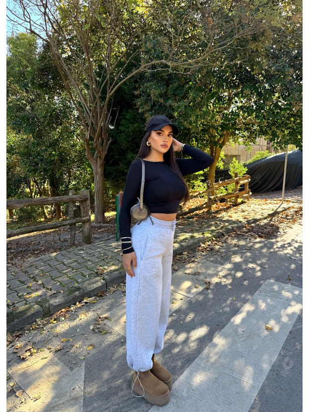 Gri Şardonlu Barrel Fit Eşofman Altı