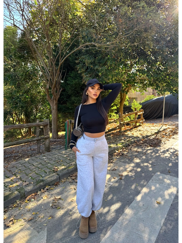 Gri Şardonlu Barrel Fit Eşofman Altı