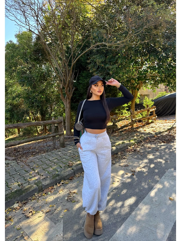 Gri Şardonlu Barrel Fit Eşofman Altı