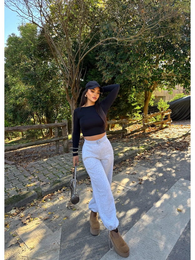 Gri Şardonlu Barrel Fit Eşofman Altı