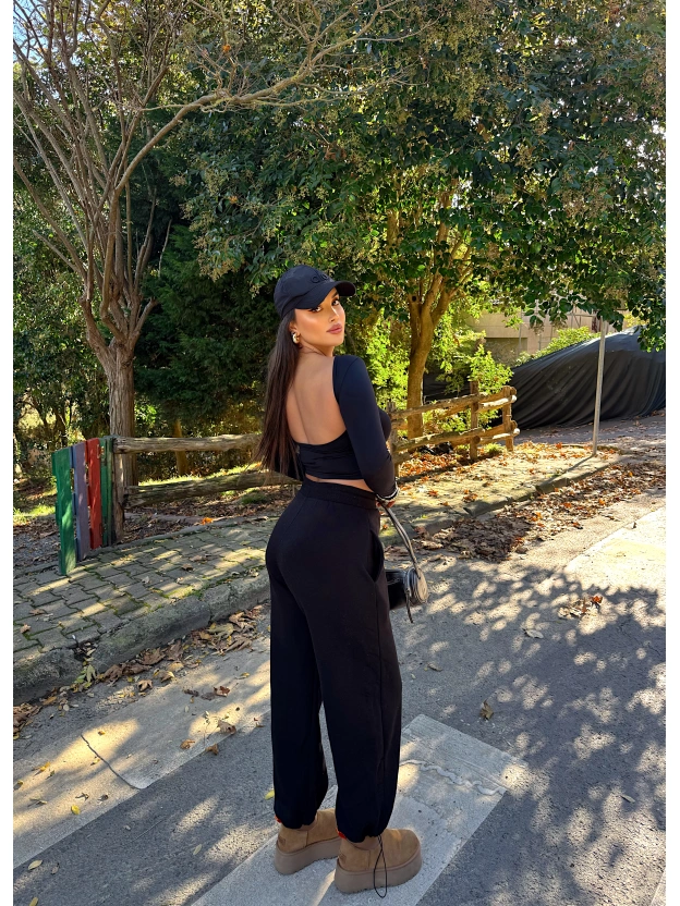 Siyah Şardonlu Barrel Fit Eşofman Altı