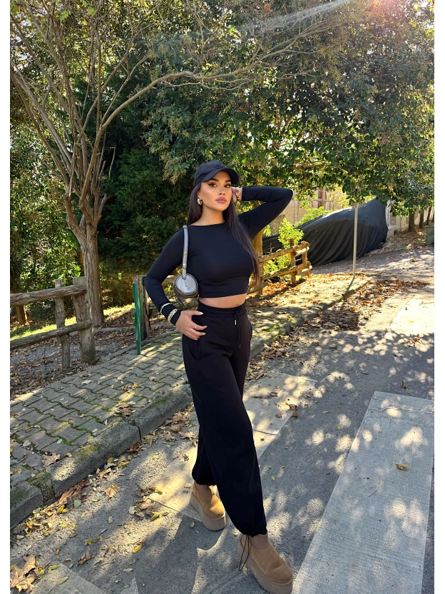 Siyah Şardonlu Barrel Fit Eşofman Altı