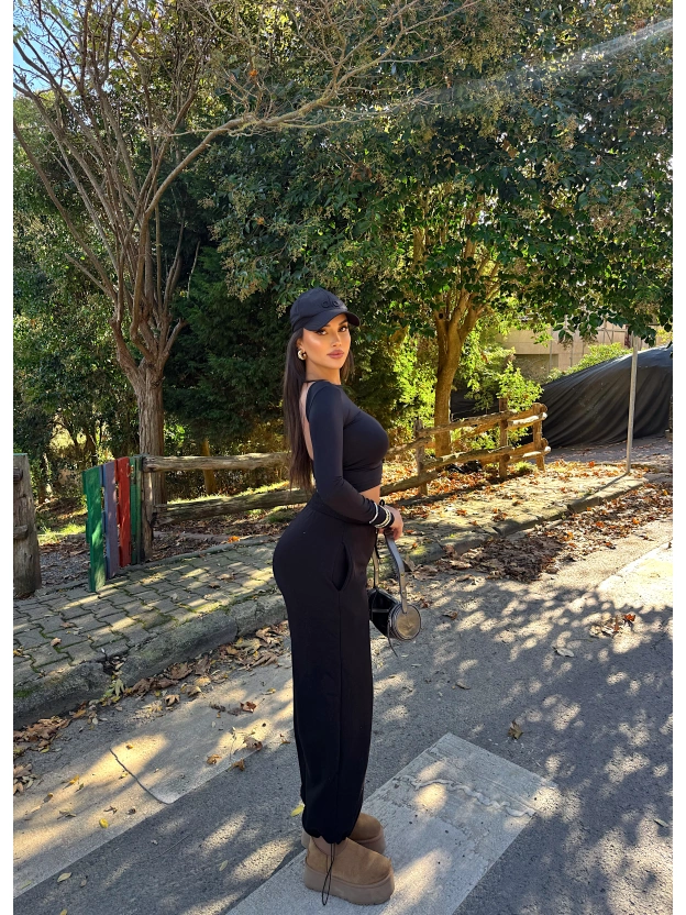 Siyah Şardonlu Barrel Fit Eşofman Altı