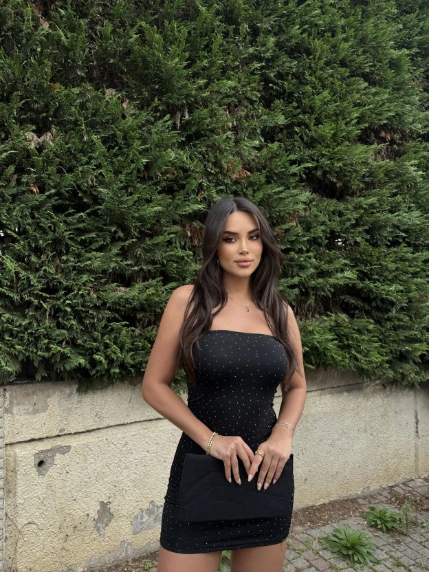 Siyah Straplez Taşlı Mini Elbise