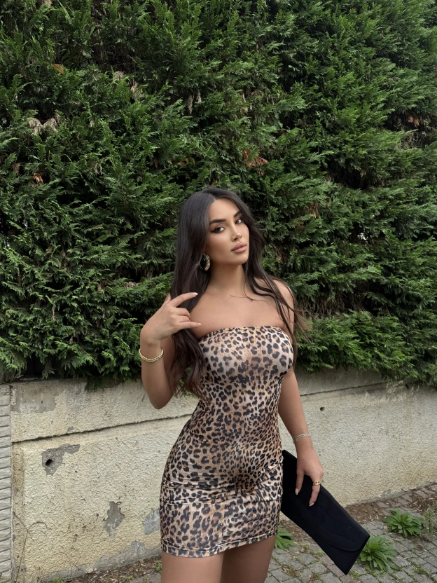 Leopar Straplez Taşlı Mini Elbise