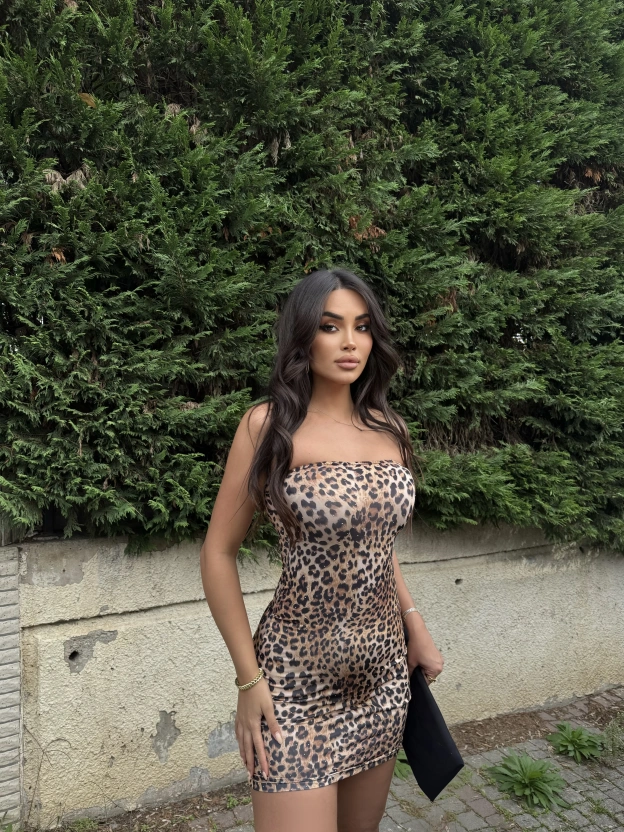 Leopar Straplez Taşlı Mini Elbise