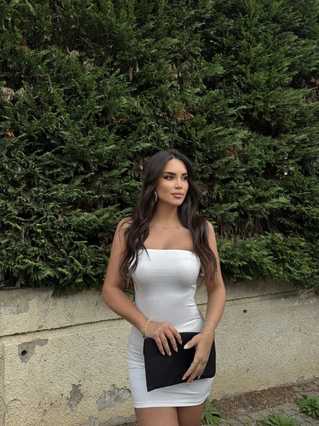 Beyaz Straplez Taşlı Mini Elbise