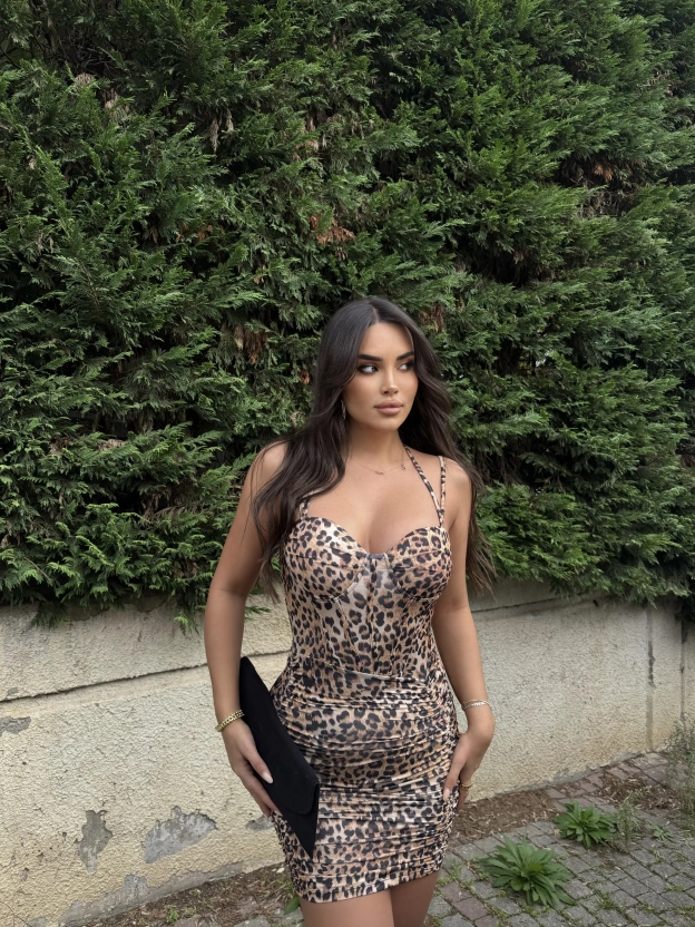 Leopar Korse Detay Askılı Tasarım Mini Elbise
