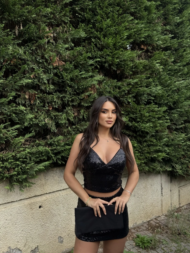 Siyah Askılı Payetli Etek Takım