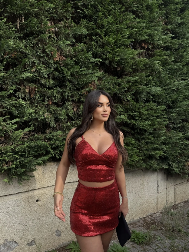 Kırmızı Askılı Payetli Etek Takım