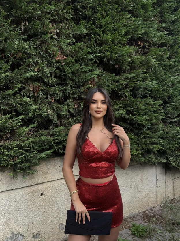 Kırmızı Askılı Payetli Etek Takım