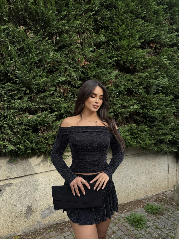 Siyah Gümüş Simli Buzzy Etek Takım