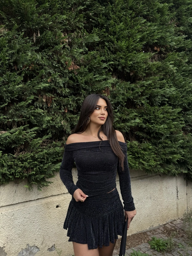 Siyah Gümüş Simli Buzzy Etek Takım