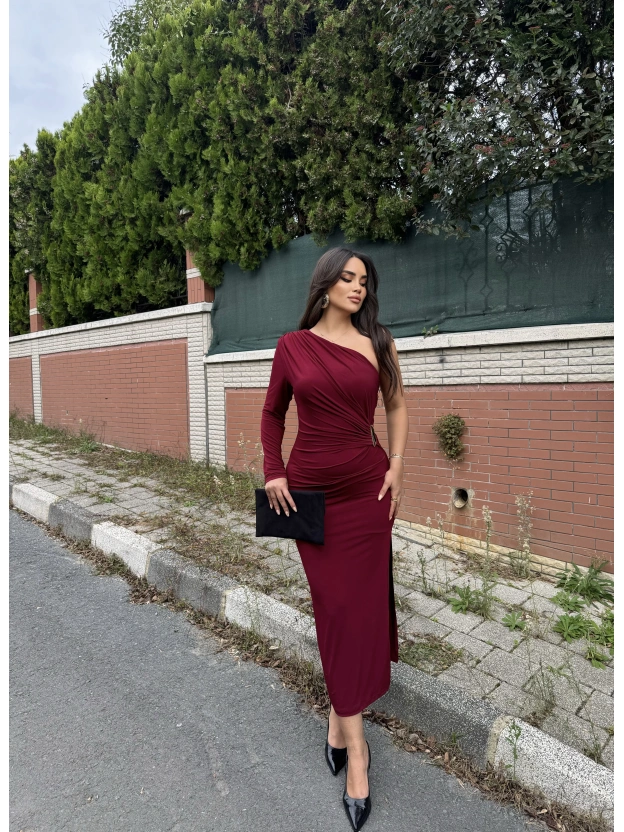 Bordo Tek Kol Tokalı Uzun Elbise