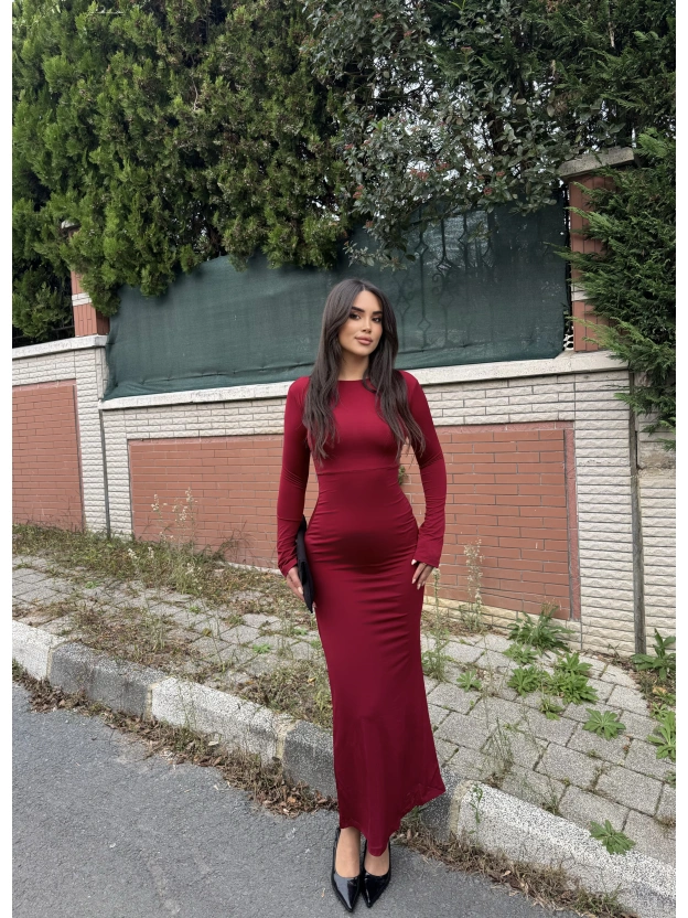 Bordo Sırt Dekolteli Uzun Elbise