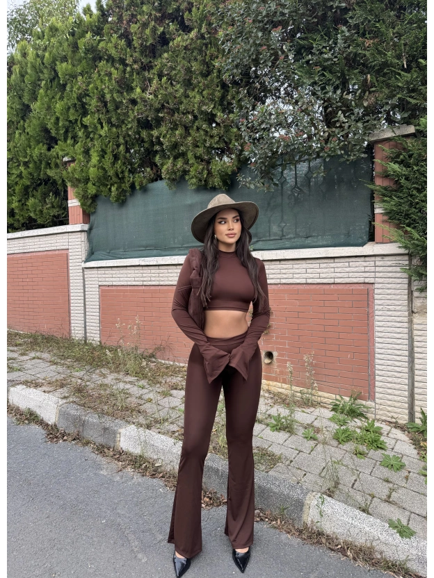 Kahverengi Balıkçı Yaka İspanyol Kol Crop Tayt Takım