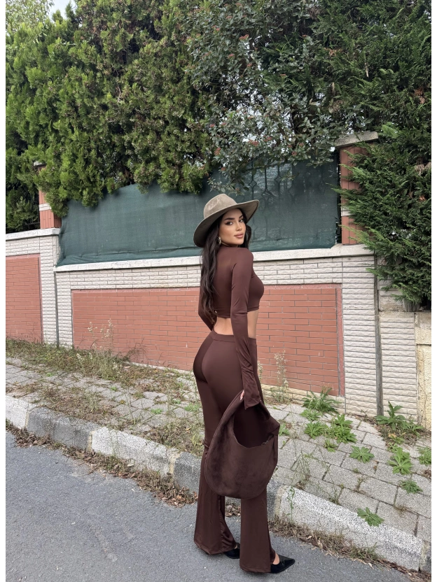 Kahverengi Balıkçı Yaka İspanyol Kol Crop Tayt Takım