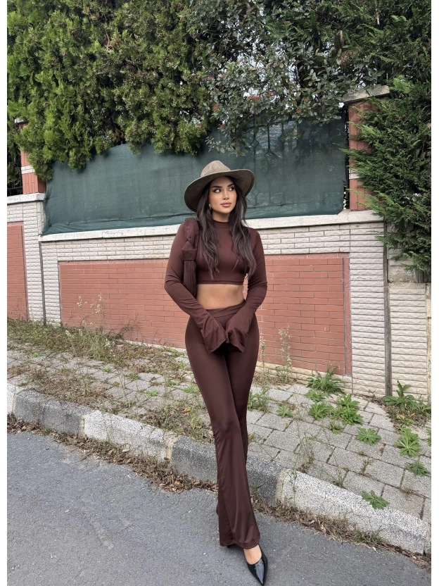 Kahverengi Balıkçı Yaka İspanyol Kol Crop Tayt Takım