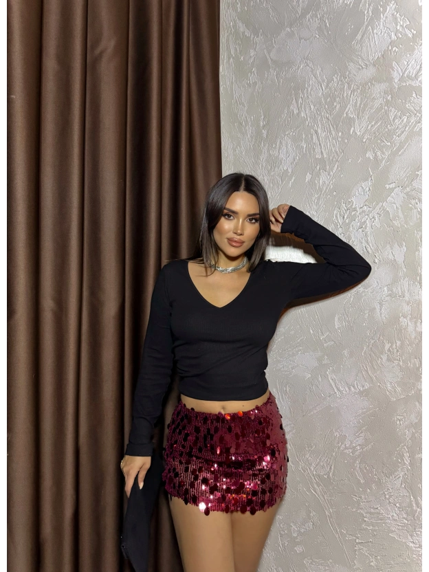 Bordo Payetli Mini Etek