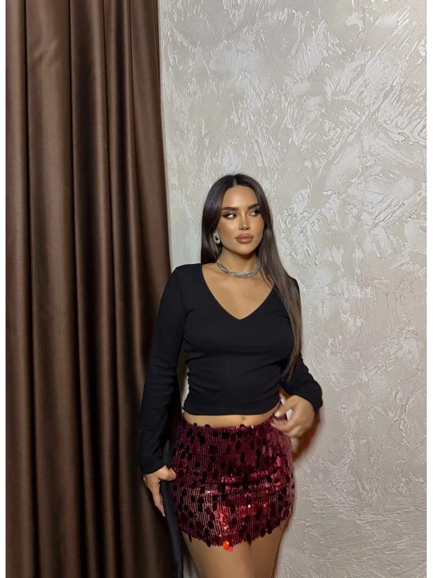 Bordo Payetli Mini Etek