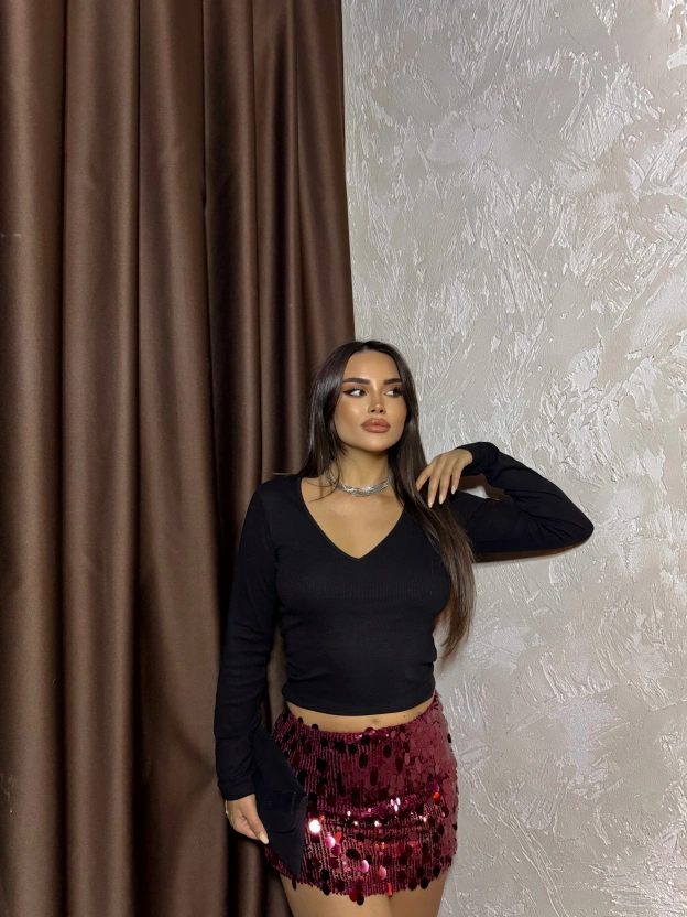 Bordo Payetli Mini Etek