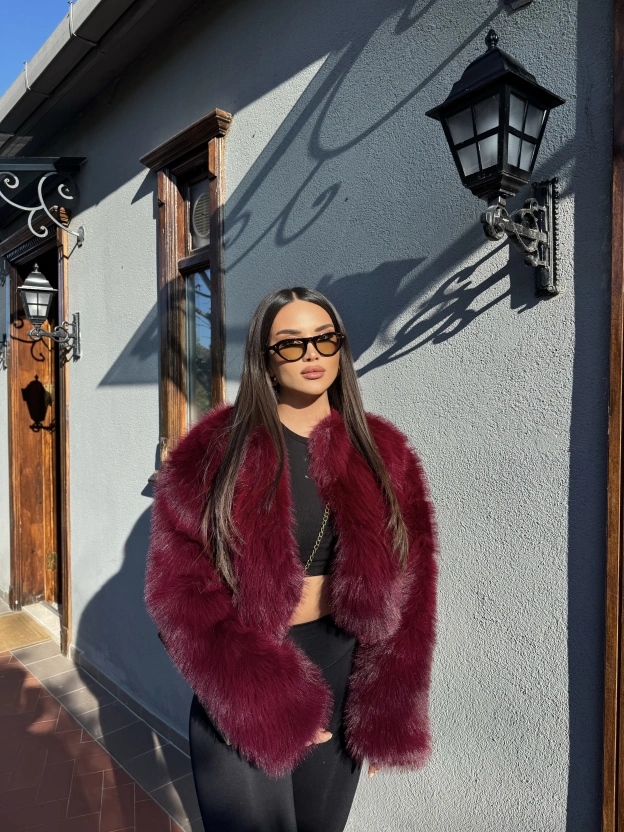 Bordo Crop Kürk Ceket