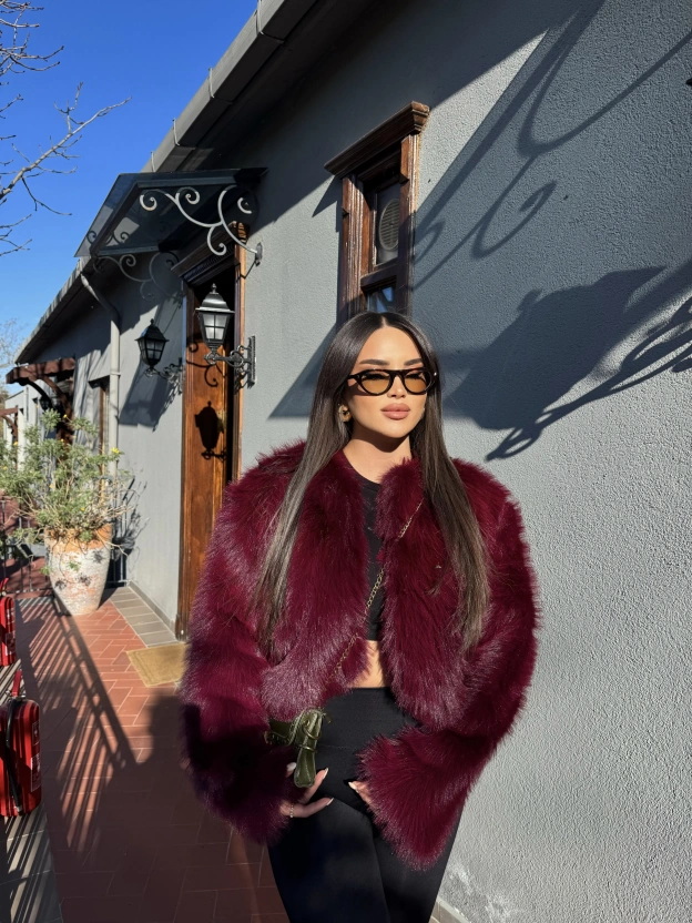 Bordo Crop Kürk Ceket