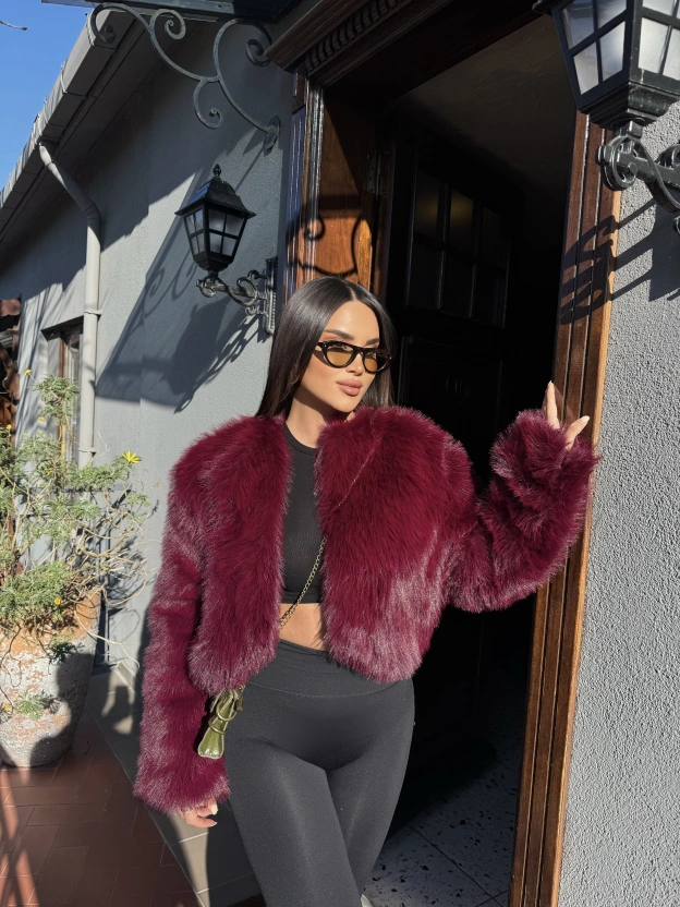 Bordo Crop Kürk Ceket