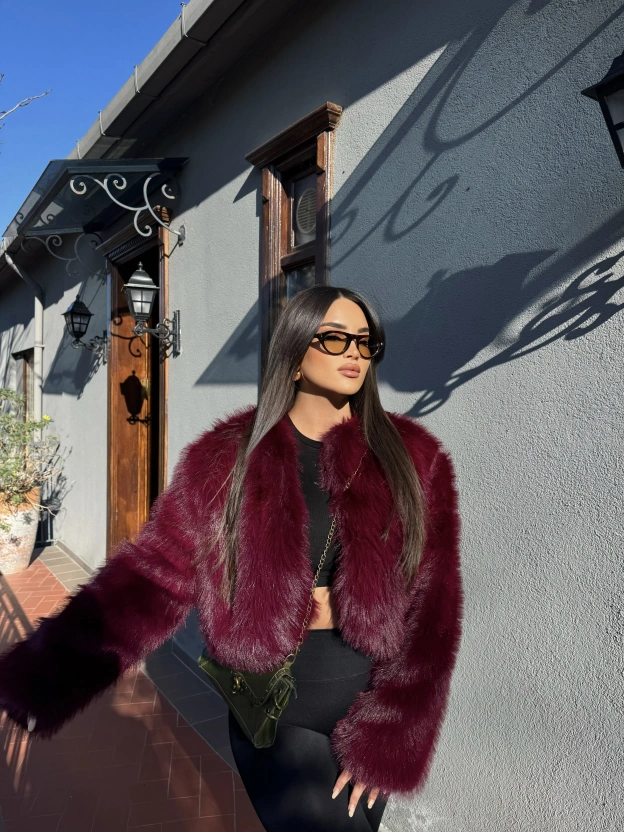Bordo Crop Kürk Ceket