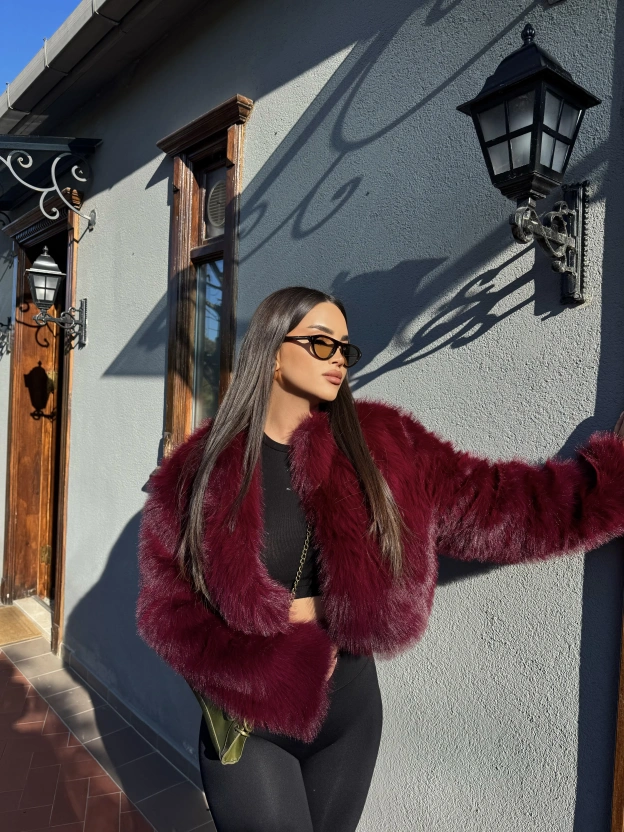 Bordo Crop Kürk Ceket