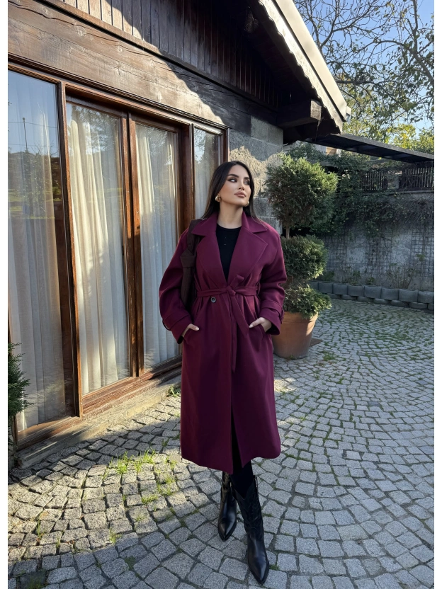 Bordo Uzun Kuşaklı Kaşe Kaban