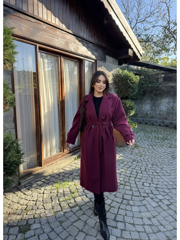 Bordo Uzun Kuşaklı Kaşe Kaban