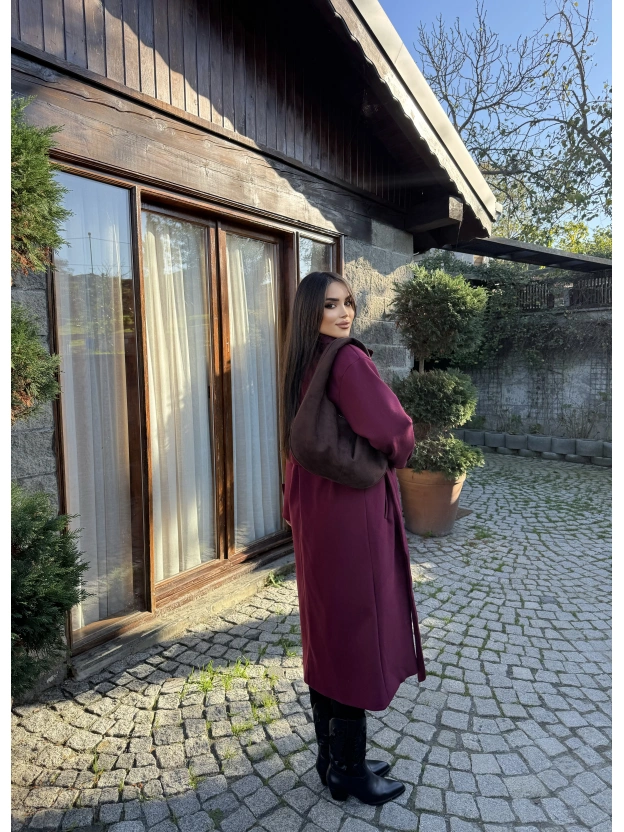 Bordo Uzun Kuşaklı Kaşe Kaban