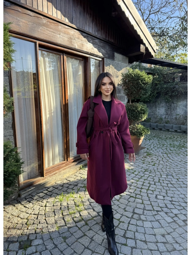 Bordo Uzun Kuşaklı Kaşe Kaban