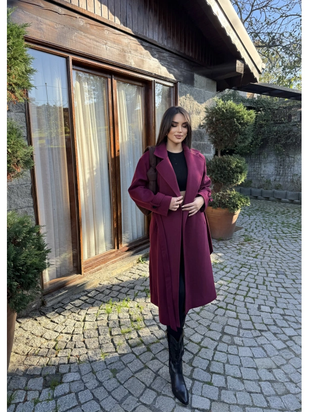 Bordo Uzun Kuşaklı Kaşe Kaban