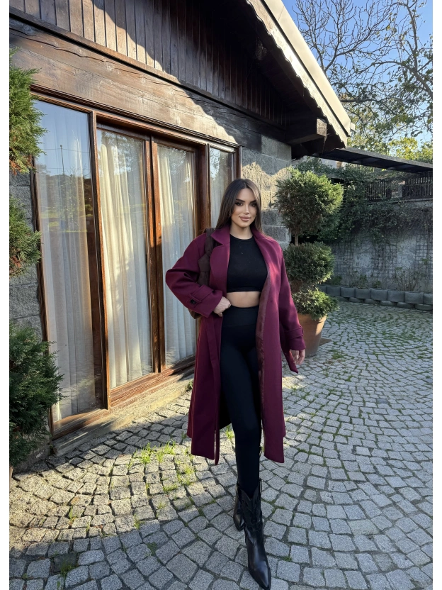 Bordo Uzun Kuşaklı Kaşe Kaban