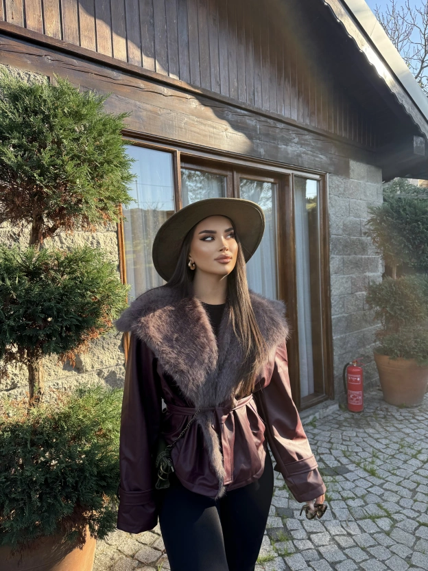 Bordo Kürklü Deri Premium Ceket