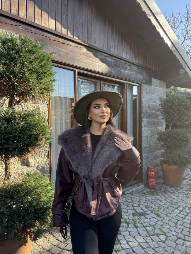 Bordo Kürklü Deri Premium Ceket