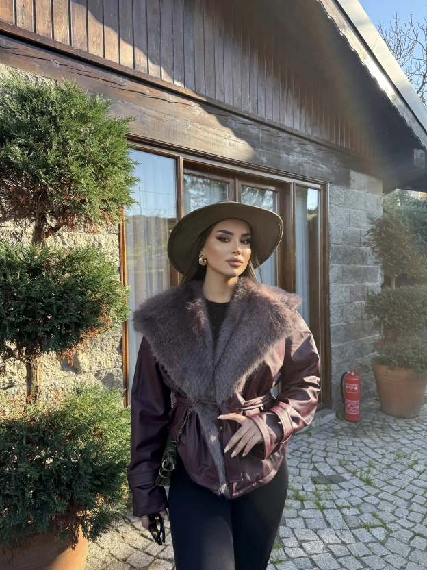 Bordo Kürklü Deri Premium Ceket