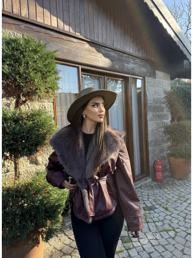 Bordo Kürklü Deri Premium Ceket