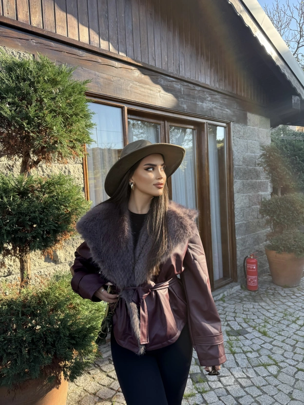 Bordo Kürklü Deri Premium Ceket
