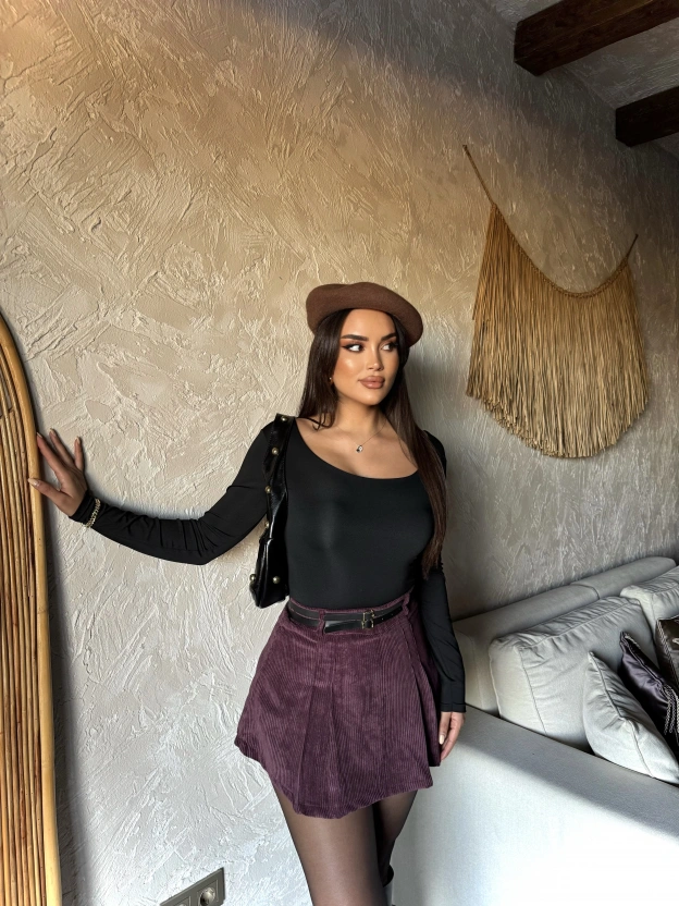 Bordo Kadife Çift Kemer Şort Etek