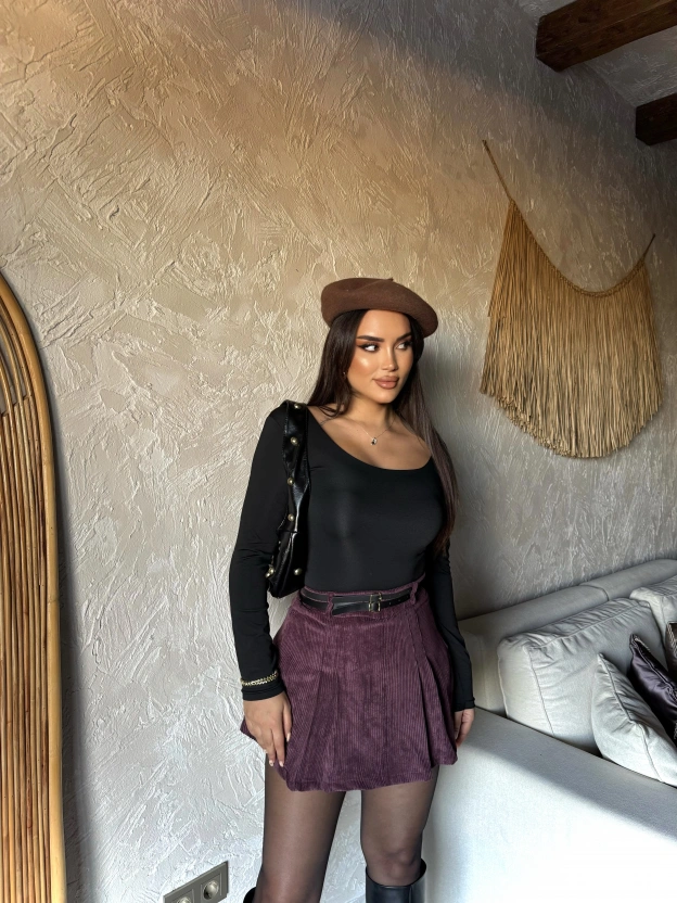 Bordo Kadife Çift Kemer Şort Etek