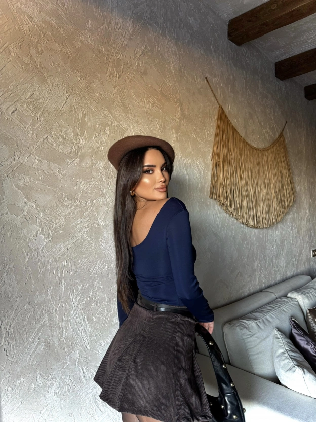 Kahverengi Kadife Çift Kemer Şort Etek