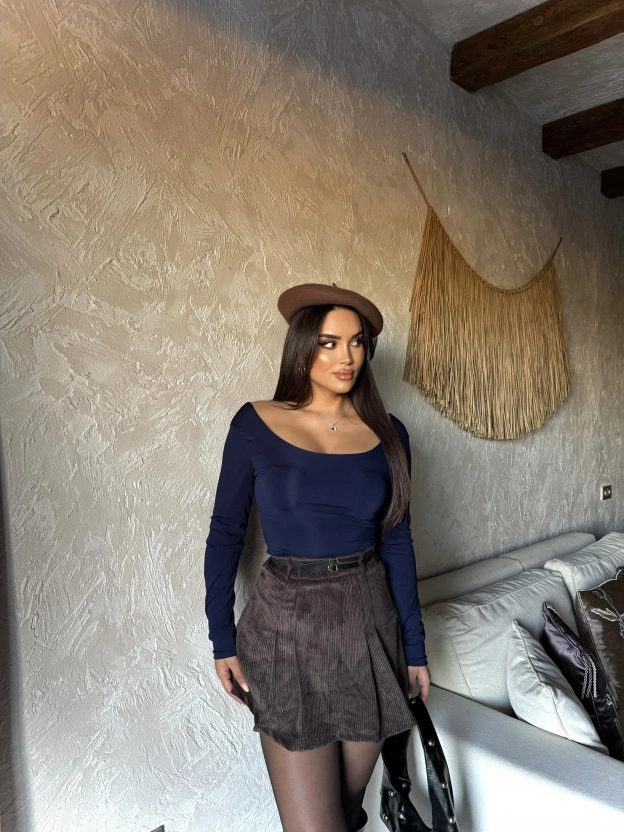 Kahverengi Kadife Çift Kemer Şort Etek