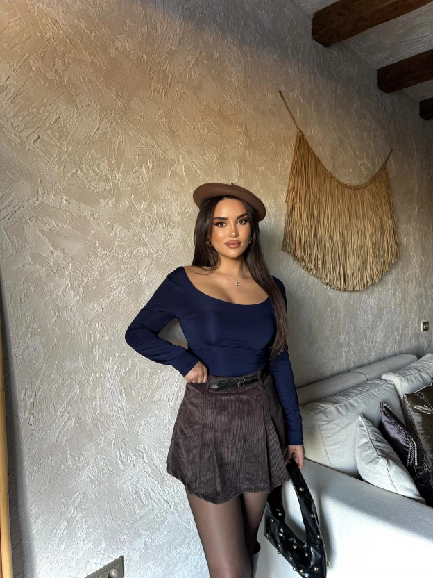 Kahverengi Kadife Çift Kemer Şort Etek