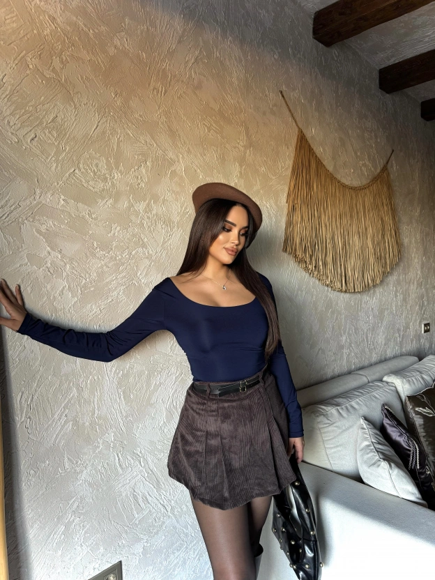 Kahverengi Kadife Çift Kemer Şort Etek