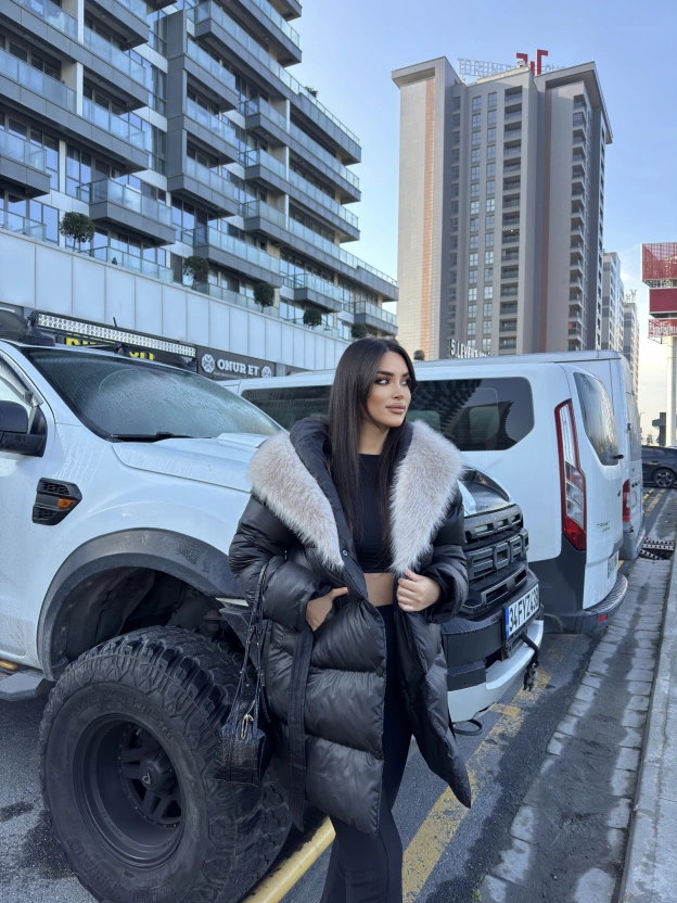Siyah Kürklü Oversize Premium Mont