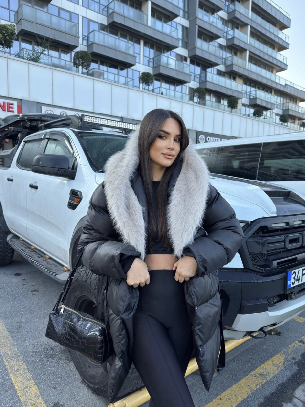 Siyah Kürklü Oversize Premium Mont